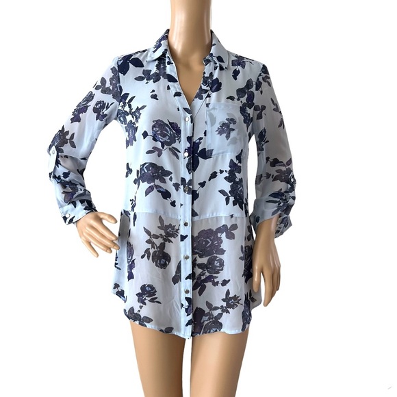 Candies Floral Button Blouse Roll Tab Sleeves Hi Low - Picture 1 of 5